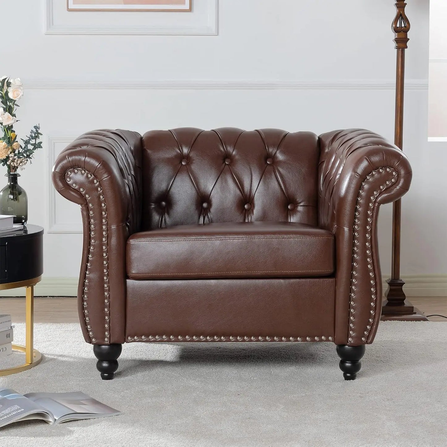 Dark Brown Leather Chesterfield Chair Mid Century Modern Sofa