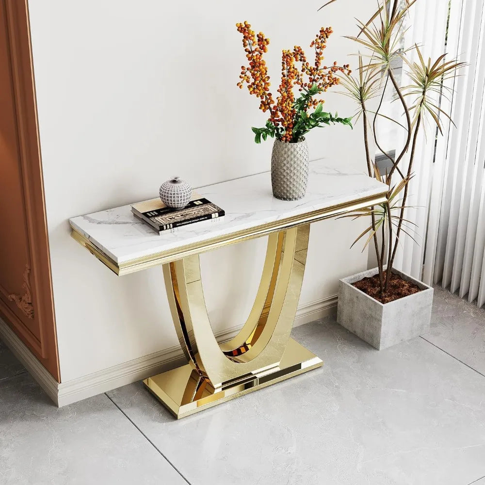 White Marble Console Table with Stainless Steel Base for Living Room