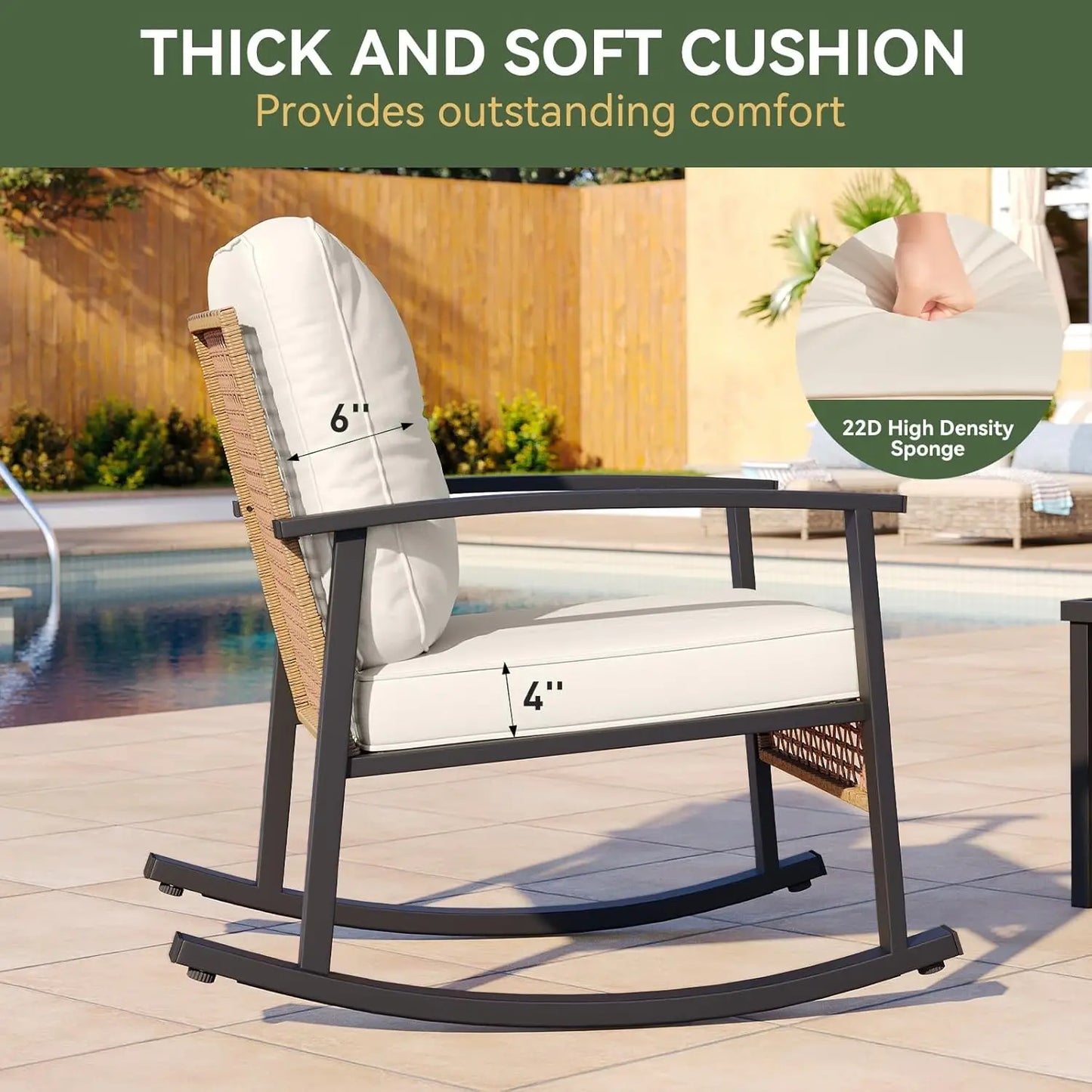 Beige 3-Piece Outdoor Rocking Bistro Set with Thick Cushions