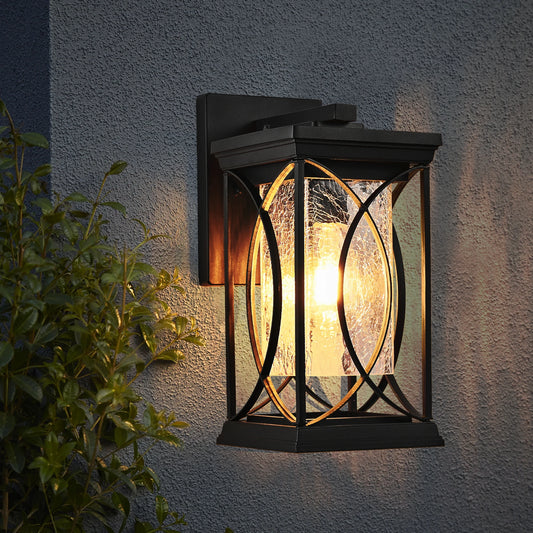 Black Outdoor Wall Lantern with Crackled Glass and E26 Base