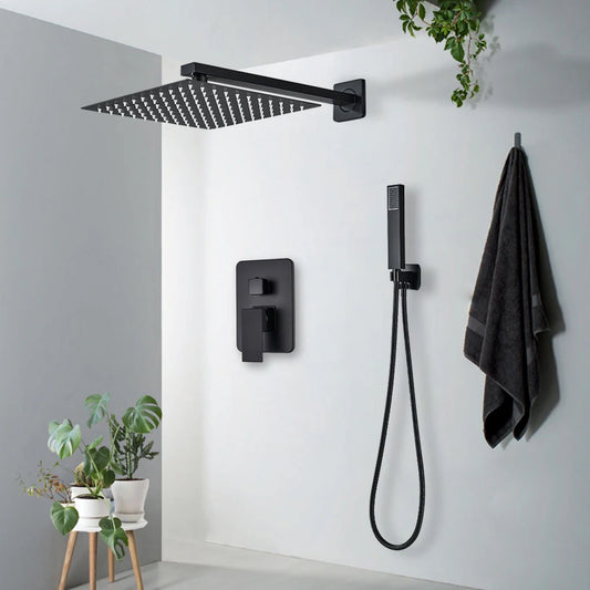 Black Wall Mounted Rainfall Shower Faucet Kit Hot Cold Mixer