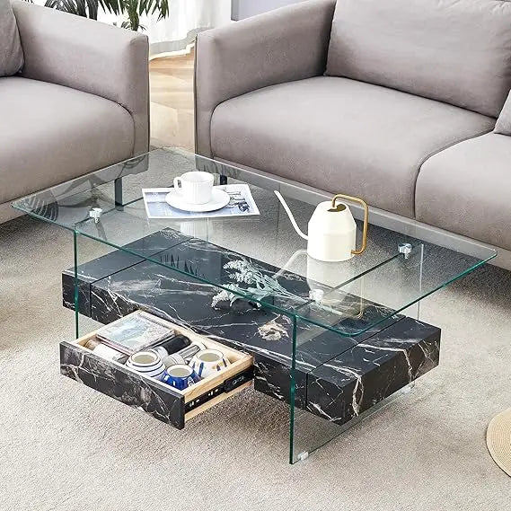 Modern White Rectangle Glass Coffee Table with Storage 43 Inches