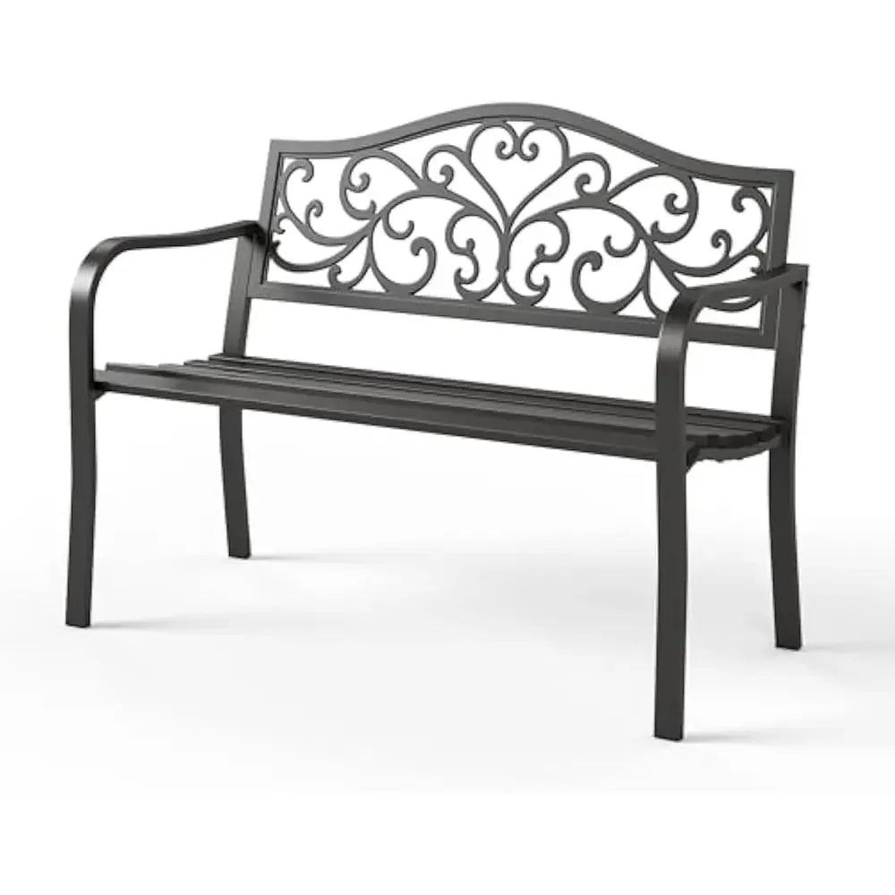 50 Inch Outdoor Garden Bench with Floral Design Metal Frame
