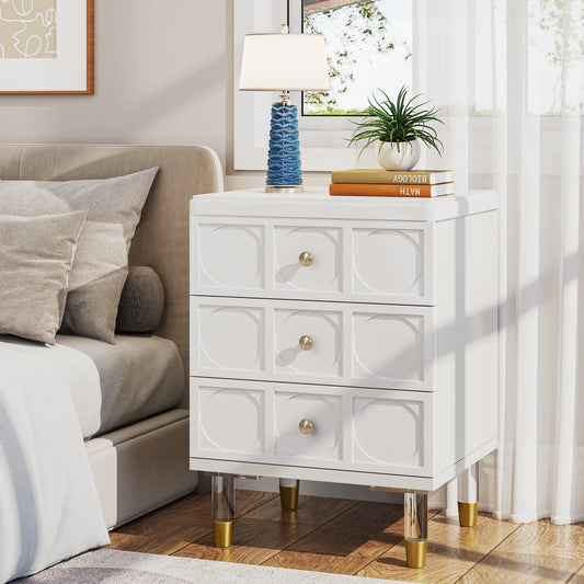 Tribesigns Modern White Gold 3-Drawer Nightstand with Storage
