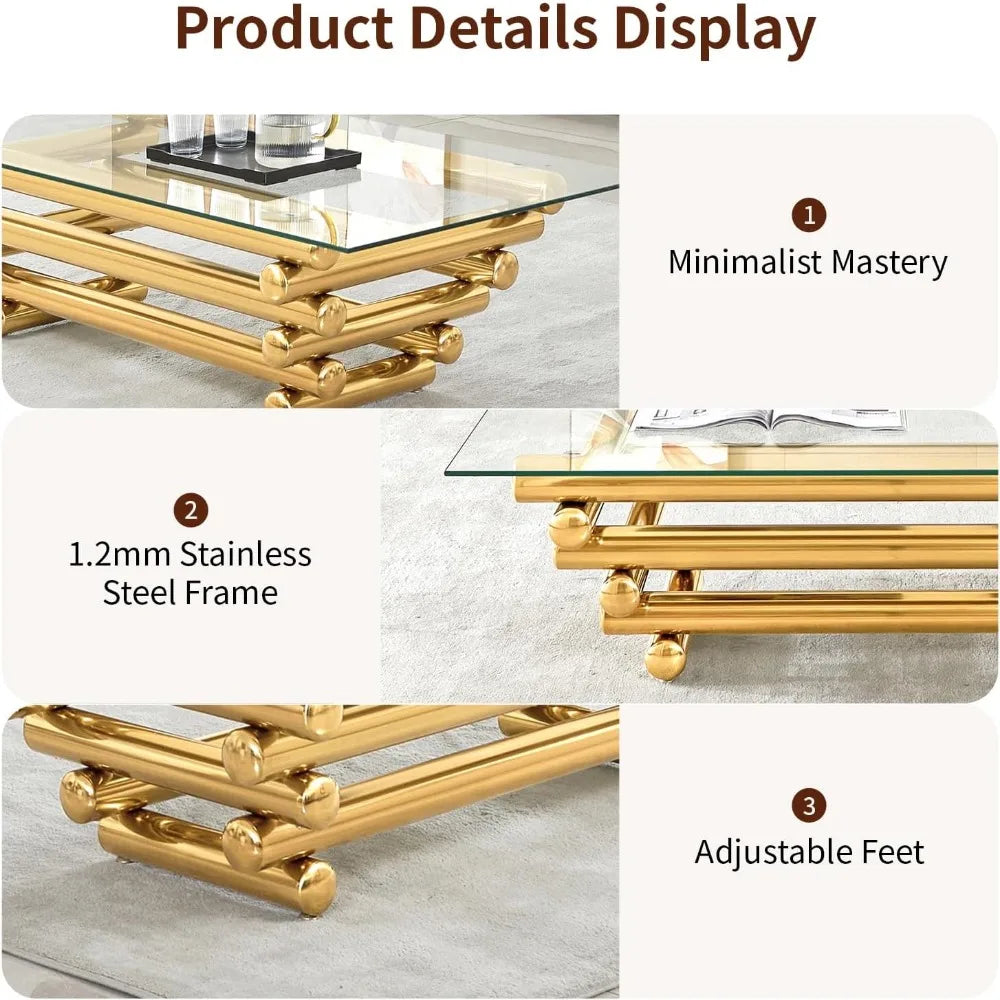 Modern 55 Inch Glass Coffee Table with Gold Stainless Steel Legs