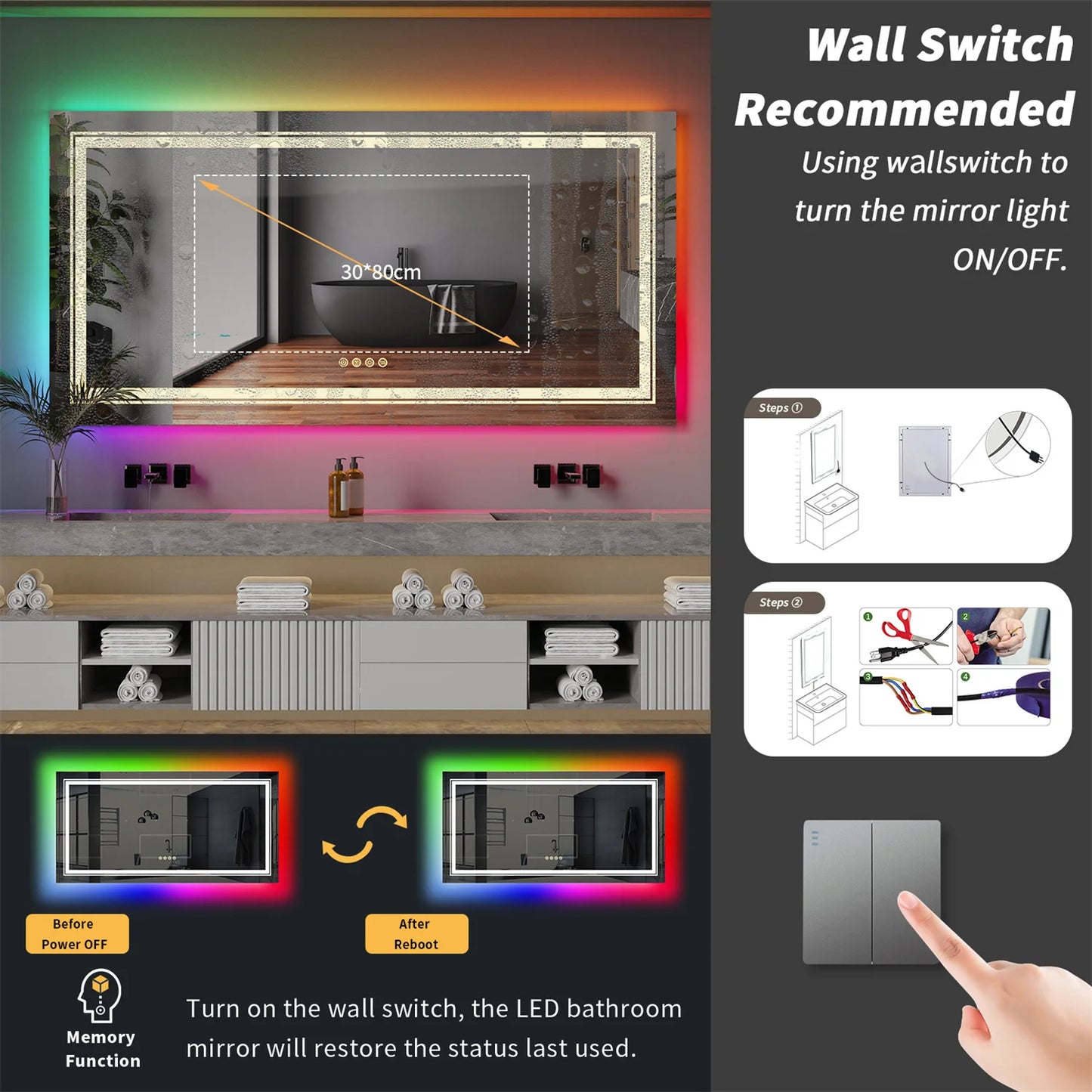 Large RGB Color Changing Backlit Bathroom Vanity Mirror