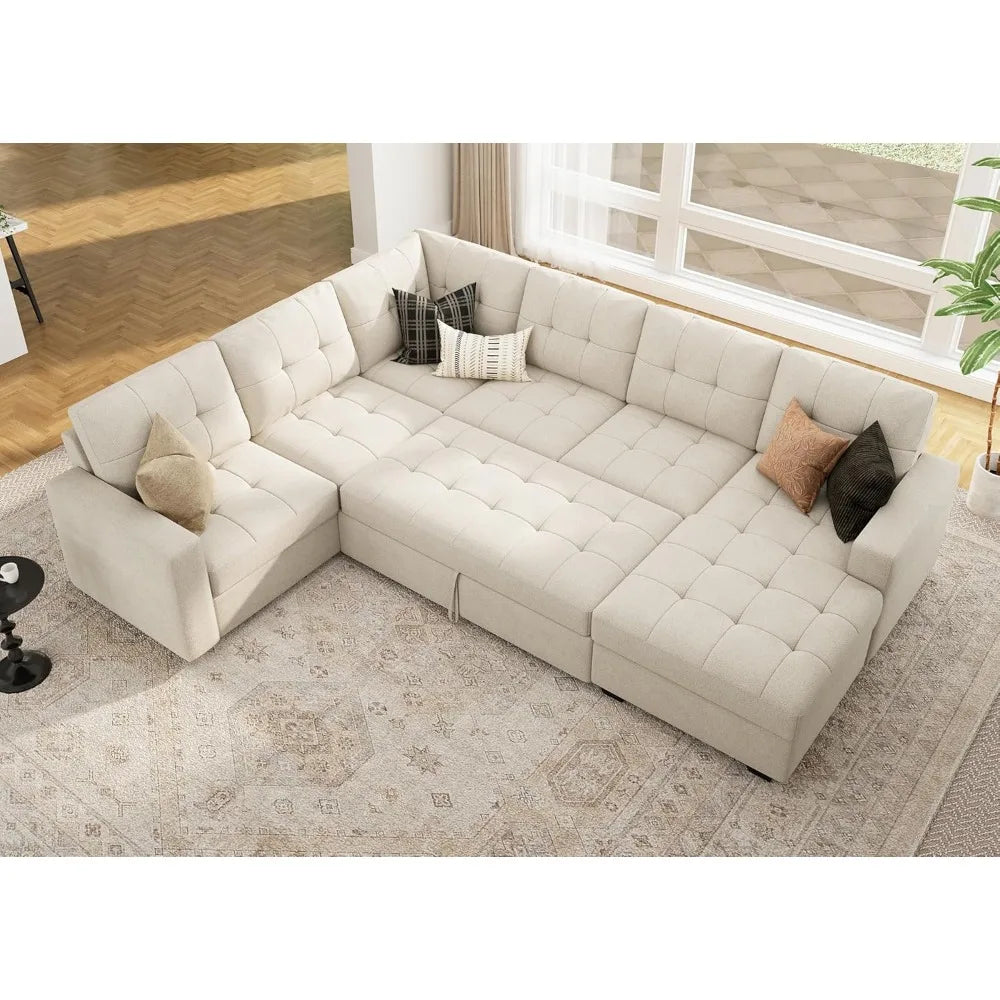 Beige U Shaped Sleeper Sectional Sofa With Storage Chaise