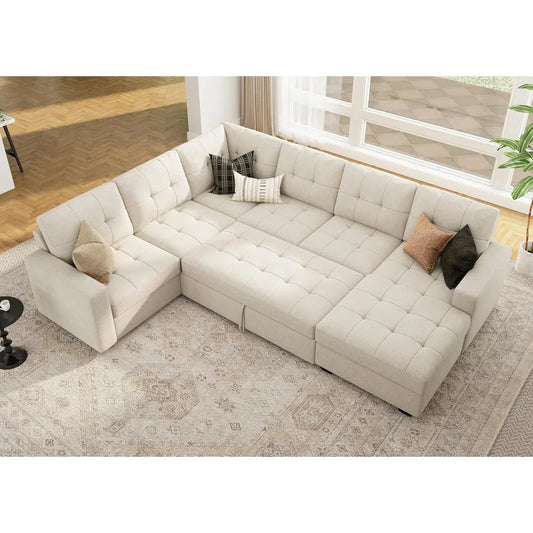 Beige U Shaped Sleeper Sectional Sofa With Storage Chaise