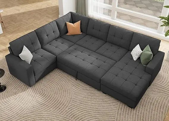 Beige U Shaped Sleeper Sectional Sofa With Storage Chaise