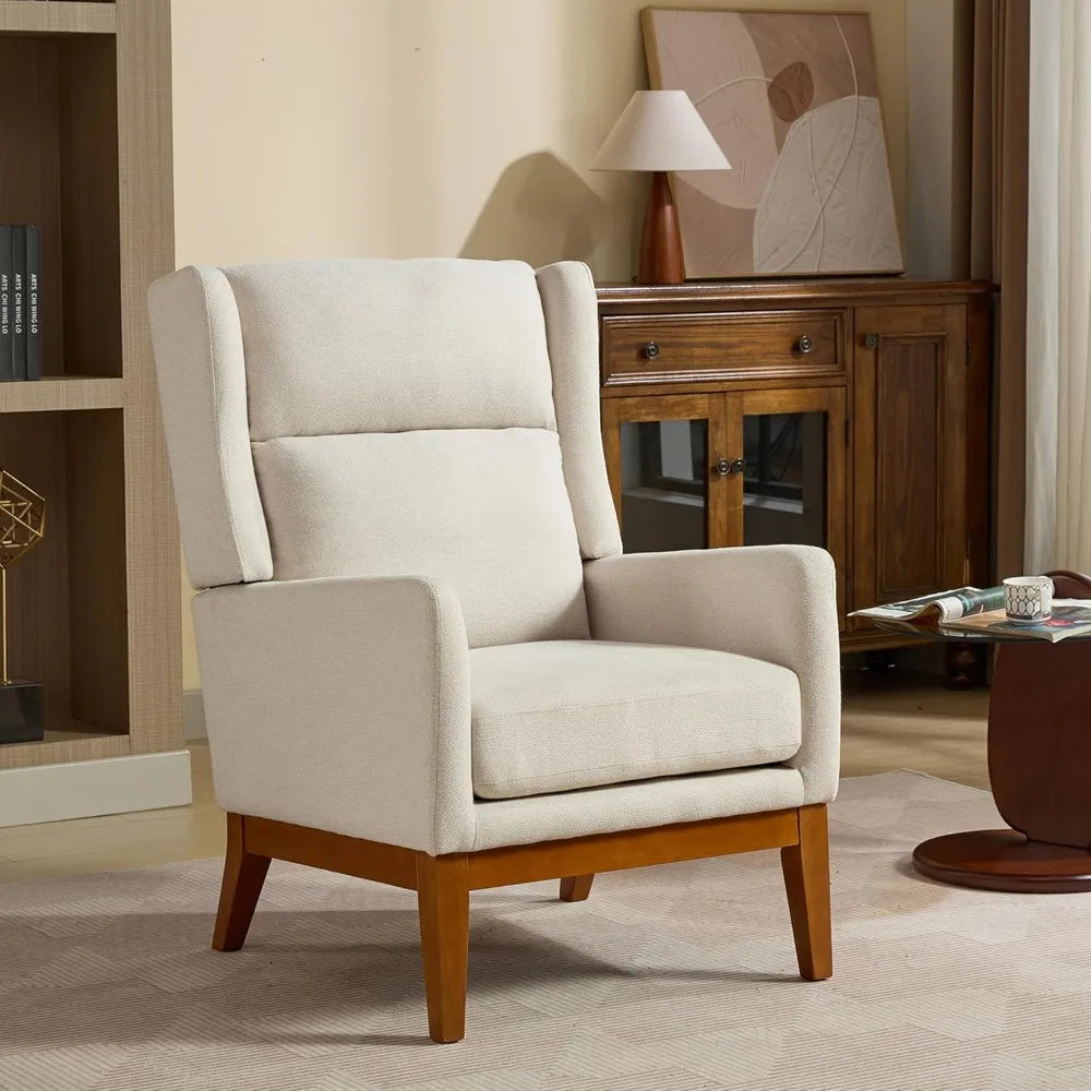 Beige Upholstered Wingback Armchair Mid Century Modern Design