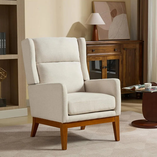 Beige Upholstered Wingback Armchair Mid Century Modern Design