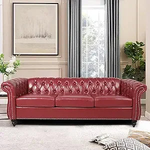 Chesterfield Leather Sofa 3 Seater Mid Century Tufted Couch