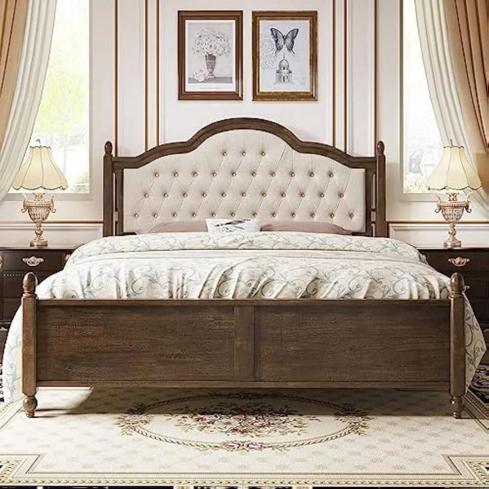 King Size Wood Bed Frame with Upholstered Headboard and Storage