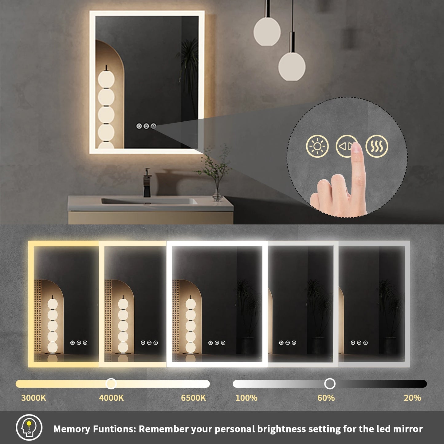 LED Lighted Anti-Fog Bathroom Mirror with Smart Touch 16x20 Inch