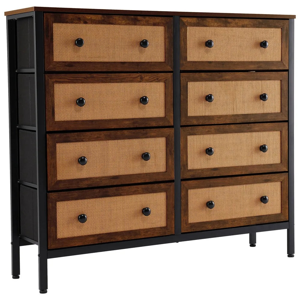 Rattan Woven Dresser 8 Drawer Chest of Drawers for Bedroom Storage