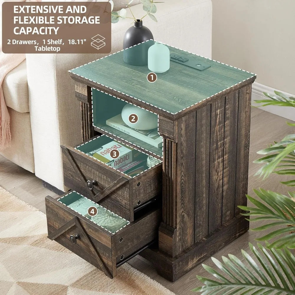 Rustic Nightstand with Charging Station and Barn Door Design