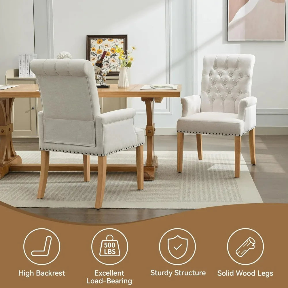 Upholstered Tufted Dining Chair with Arms and Solid Wood Legs