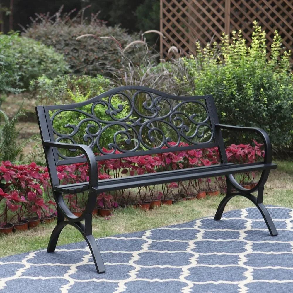 50 Inch Outdoor Garden Bench with Floral Design Metal Frame