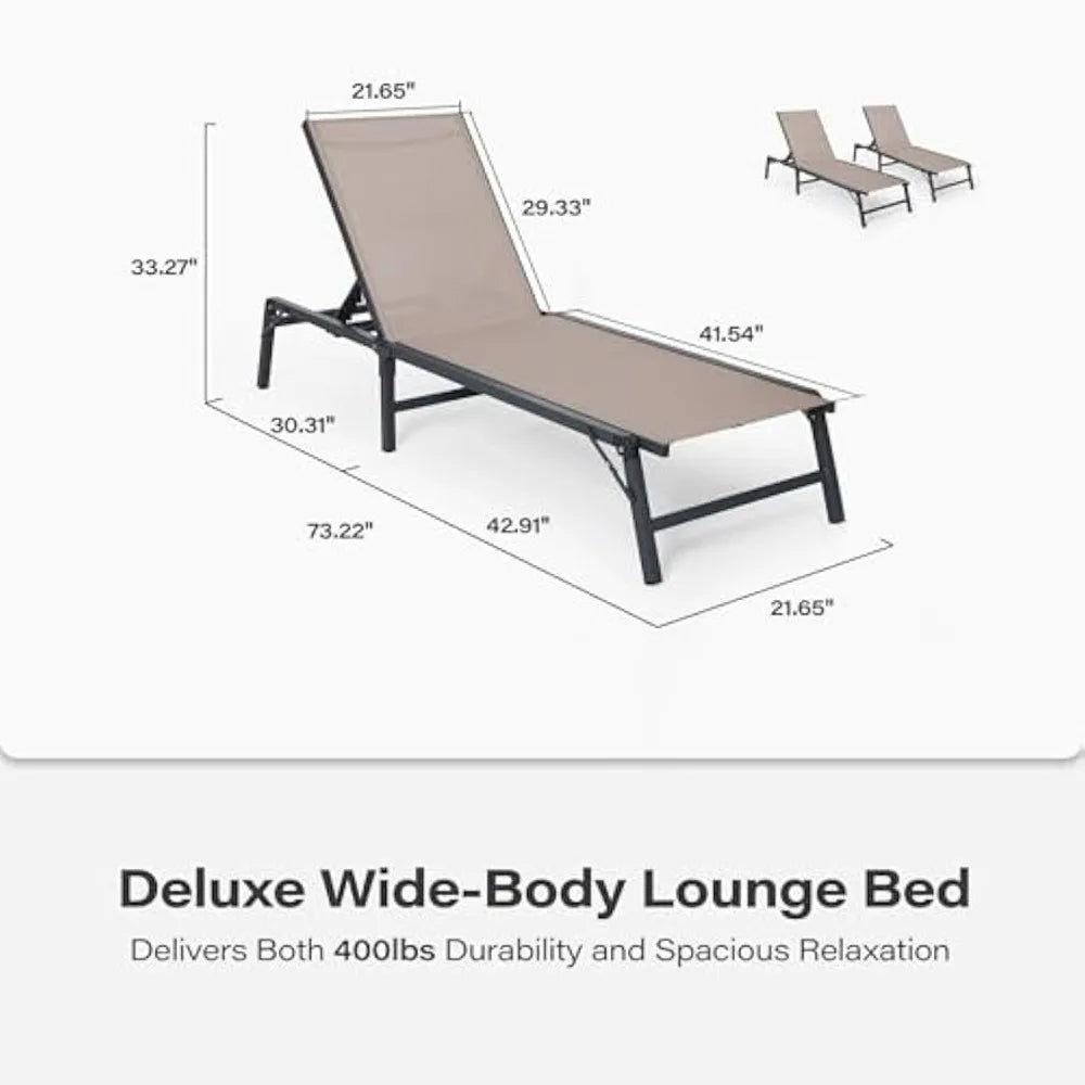 Chaise Lounge Chair Set of 2 with Adjustable Backrest in Khaki