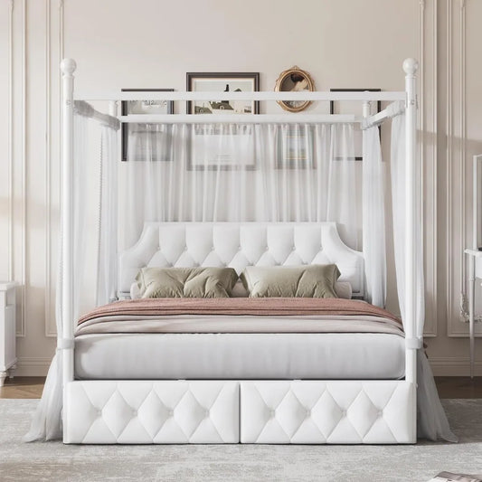 Softsea Queen Size Metal Canopy Bed with Storage and Headboard