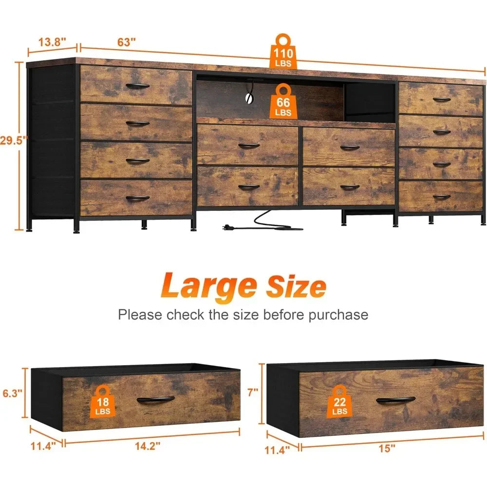 75 Inch TV Stand with LED Lights and 12 Drawer Dresser