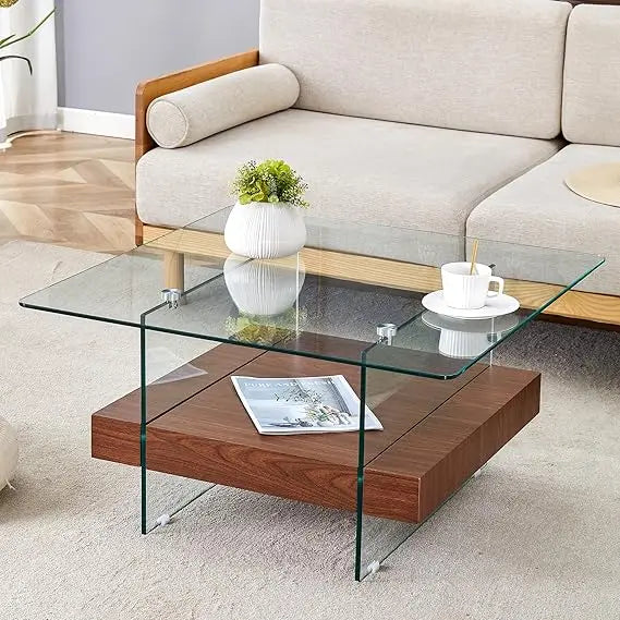 Modern White Rectangle Glass Coffee Table with Storage 43 Inches