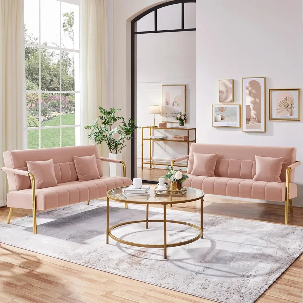 Luxurious Velvet Sofa with Gold-Tone Arms for Living Room