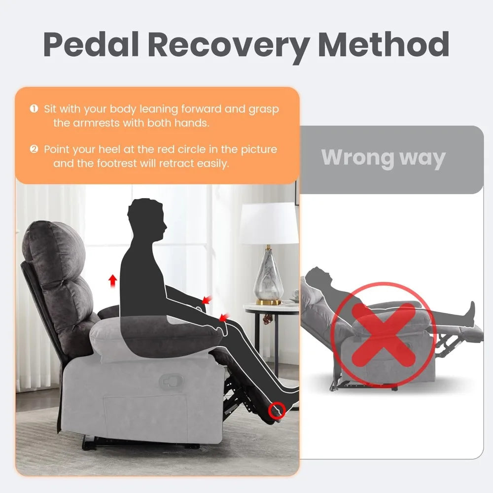 Oversized Manual Fleece Recliner with Lumbar Pillow and Pockets