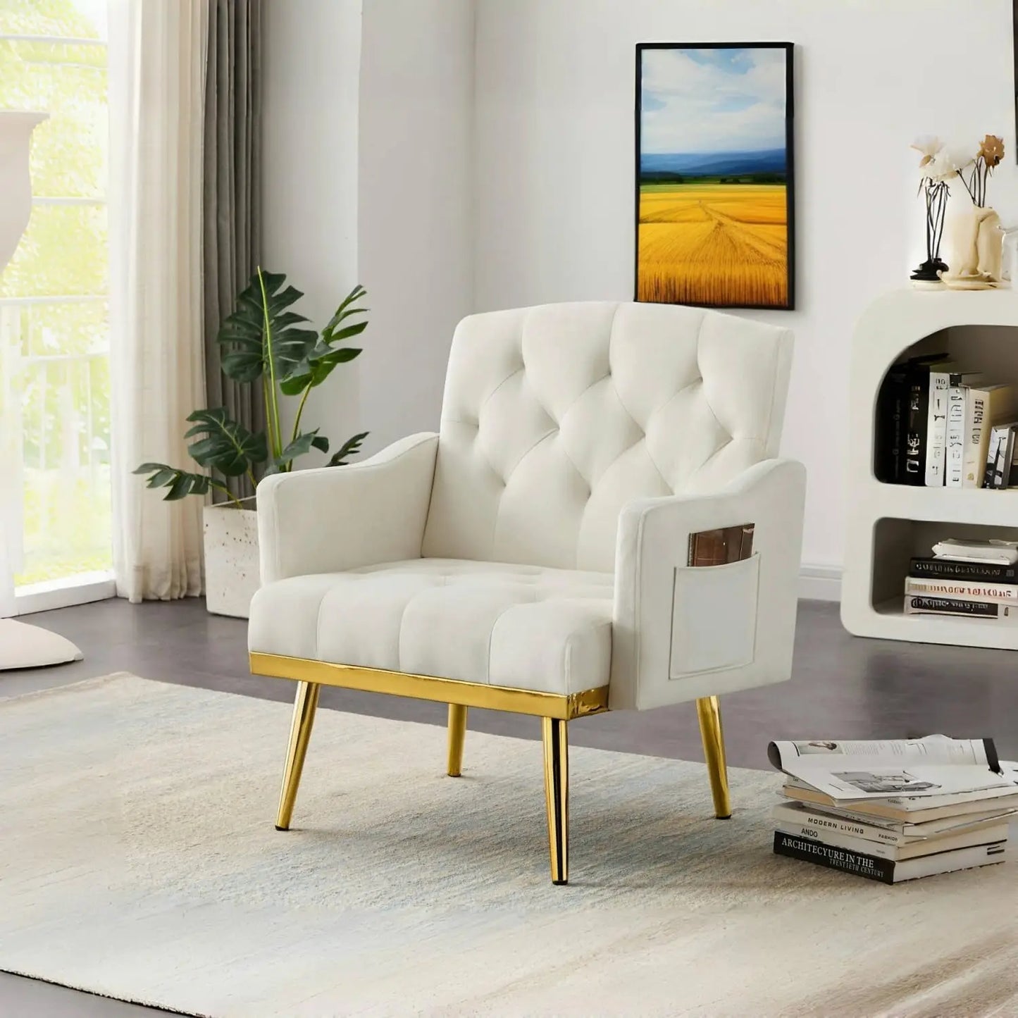 Beige Velvet Accent Chair with Gold Legs for Modern Living Room