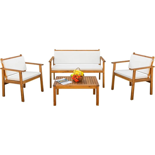 Acacia Wood 4 Piece Outdoor Conversation Sofa Set with Cushions