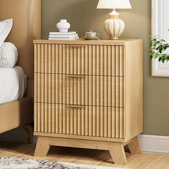 Fluted Nightstand with 3 Drawers Mid Century Modern Design