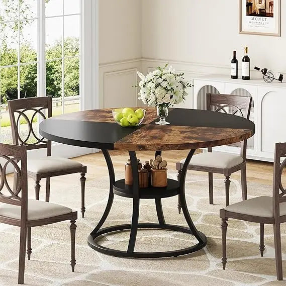 Round Dining Table for 4 to 6 with Storage Shelf and Metal Base