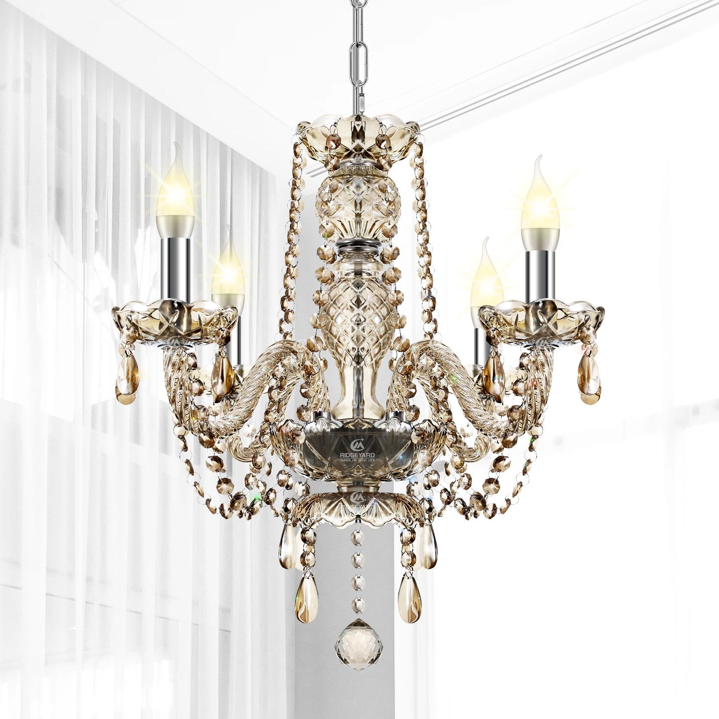4 Arms Crystal Chandelier Pendant Light in Cognac Gold Finish