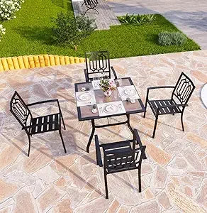 5 Piece Outdoor Dining Set for 4 with Stacking Wrought Iron Chairs