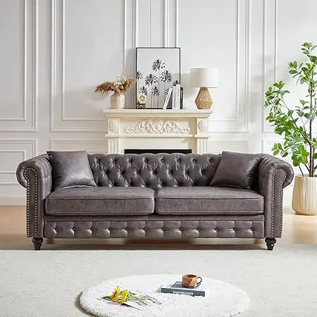 Modern Chesterfield Sofa Couch 85.5 Inch Brown 3-Seater Design