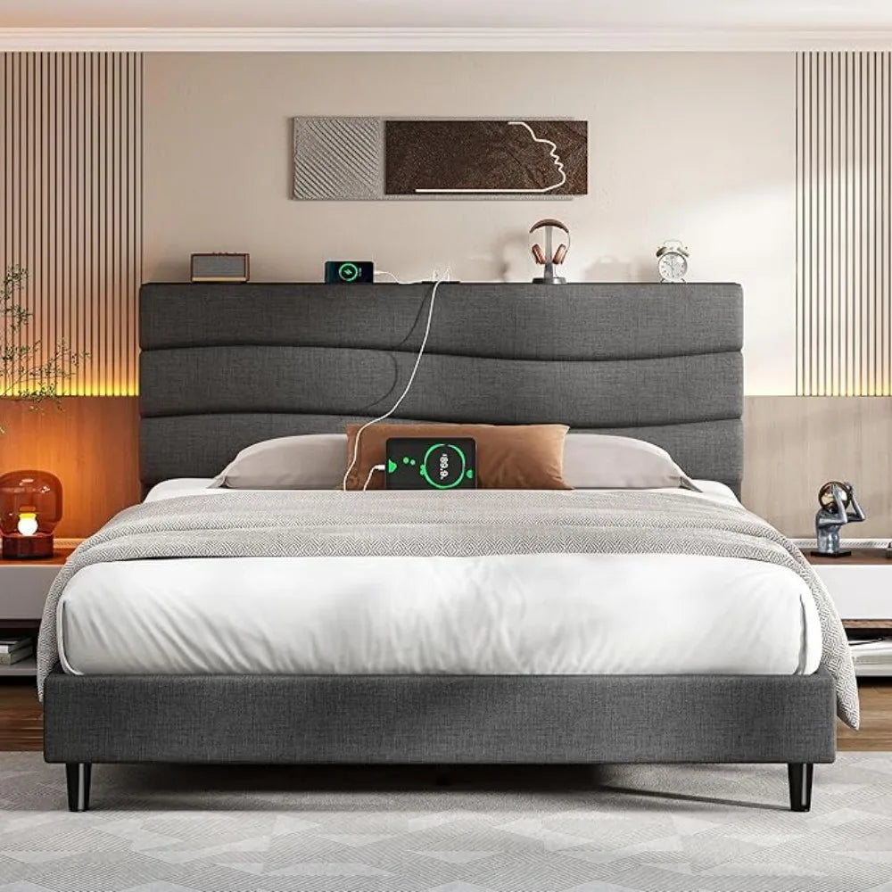 Queen Bed Frame with Upholstered Headboard and Storage Charging Station