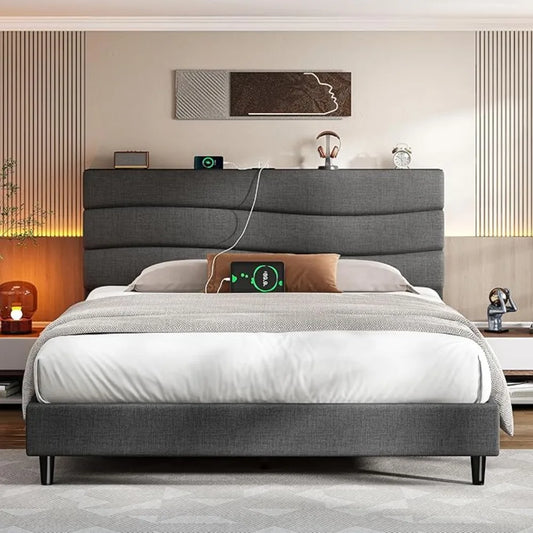 Queen Bed Frame with Upholstered Headboard and Storage Charging Station