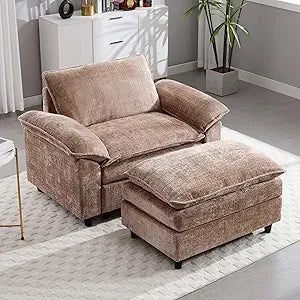 Orange Oversized Cloud Accent Chair with Ottoman for Comfort