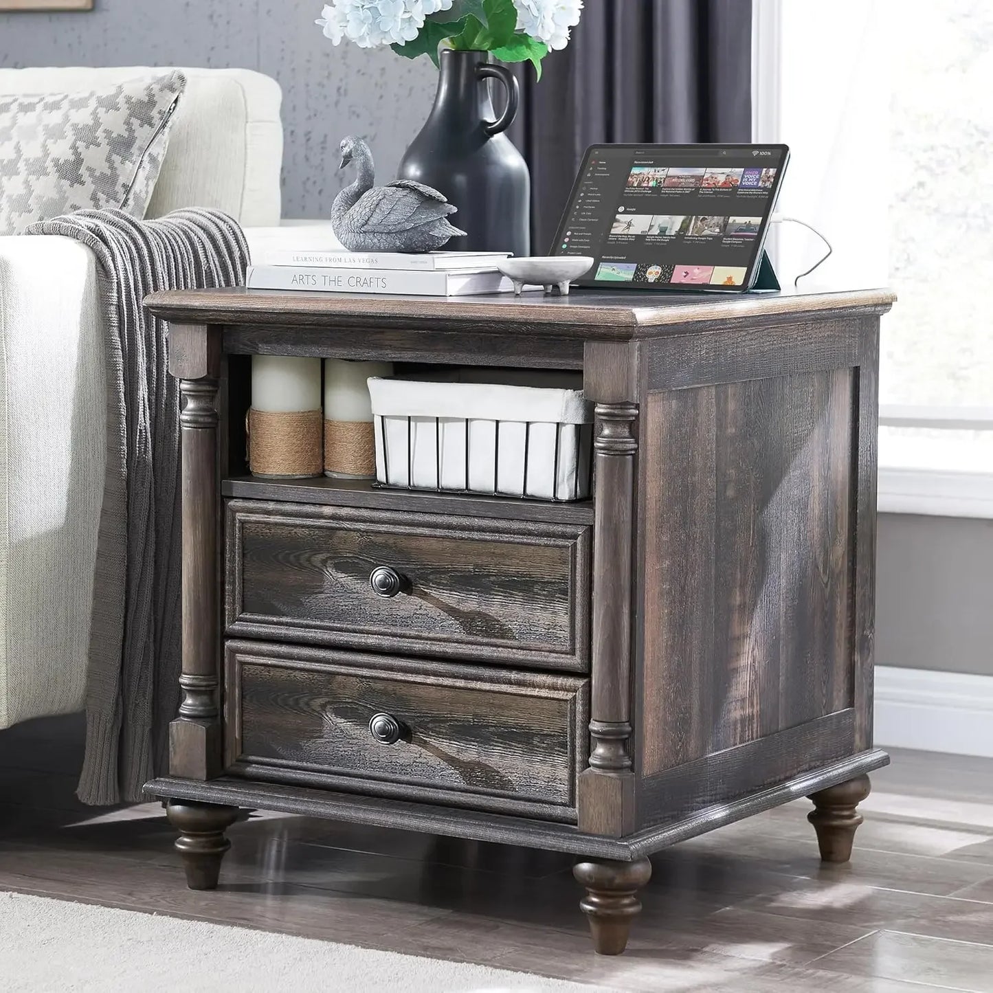 24 Inch Farmhouse End Table with Charging Station and Drawers