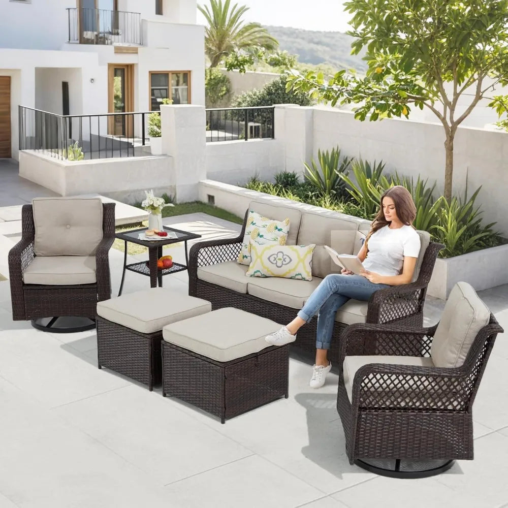 6 Piece Dark Beige Patio Furniture Set with Wicker Swivel Chairs