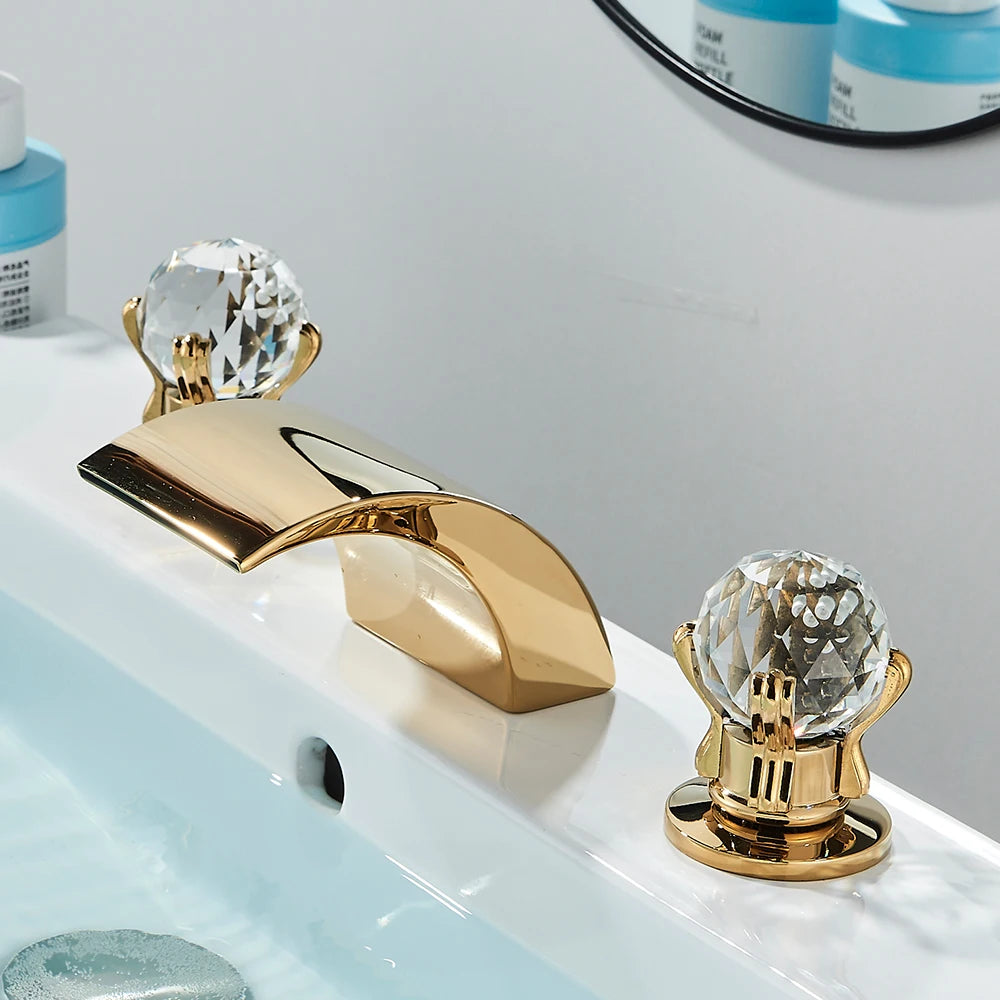 LED Widespread Bathroom Faucet Waterfall Gold Polished Design