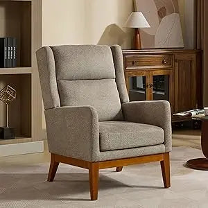 Beige Upholstered Wingback Armchair Mid Century Modern Design