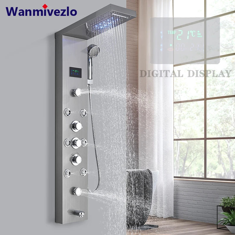 LED Rainfall Shower Faucet Set with Temperature Display and Massage