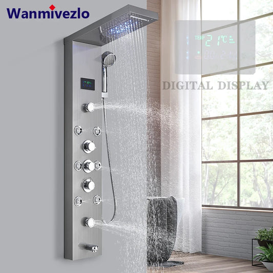 LED Rainfall Shower Faucet Set with Temperature Display and Massage