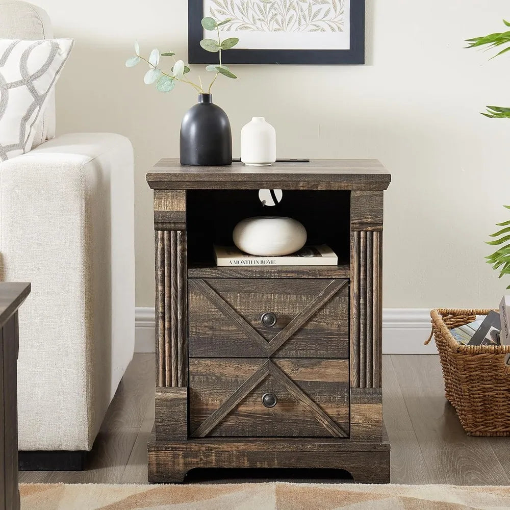 Rustic Nightstand with Charging Station and Barn Door Design