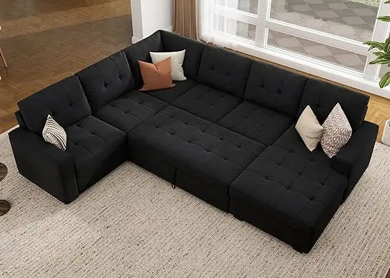 Beige U Shaped Sleeper Sectional Sofa With Storage Chaise