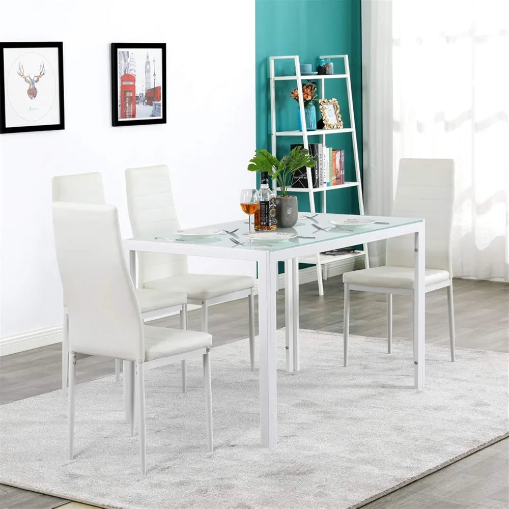White Leather Dining Chair Set of 6 with Curved Back Support