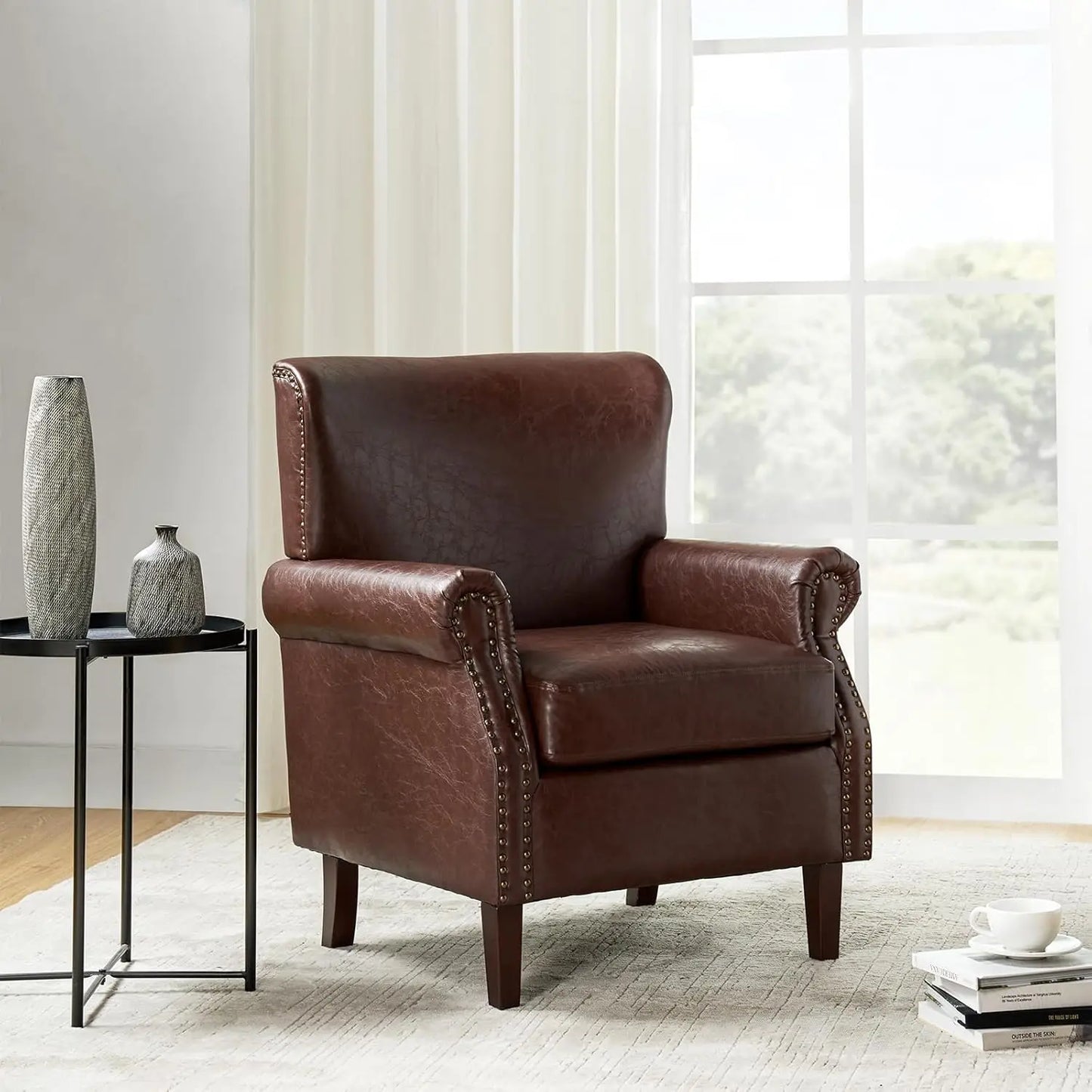 Faux Leather Accent Chairs Set of 2 Comfy Upholstered Brown