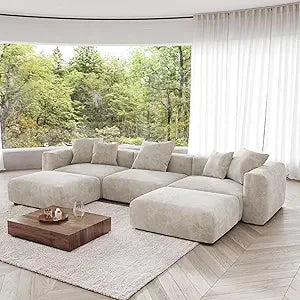 Oversized Modular Sectional Couch with Chaise and Ottomans