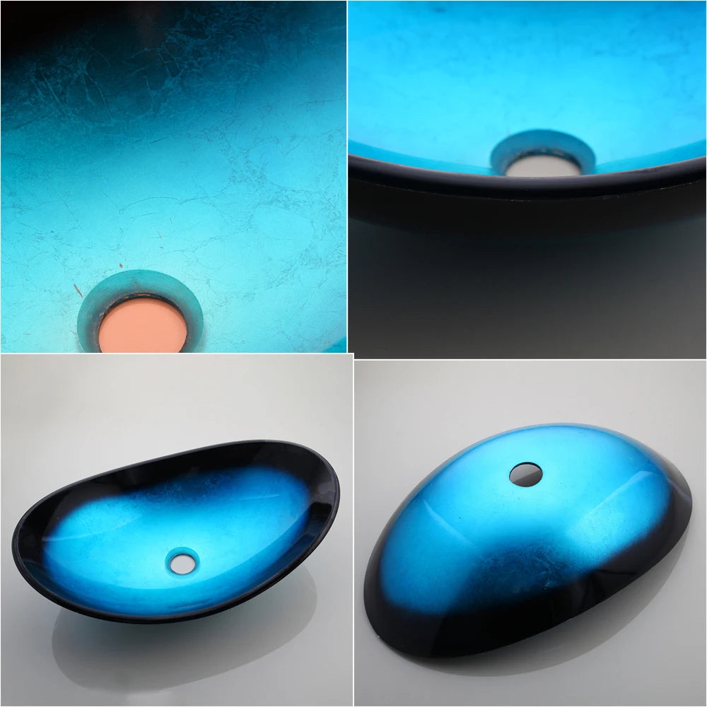 KEMAIDI Oval Tempered Glass Vessel Sink with Black Faucet Set